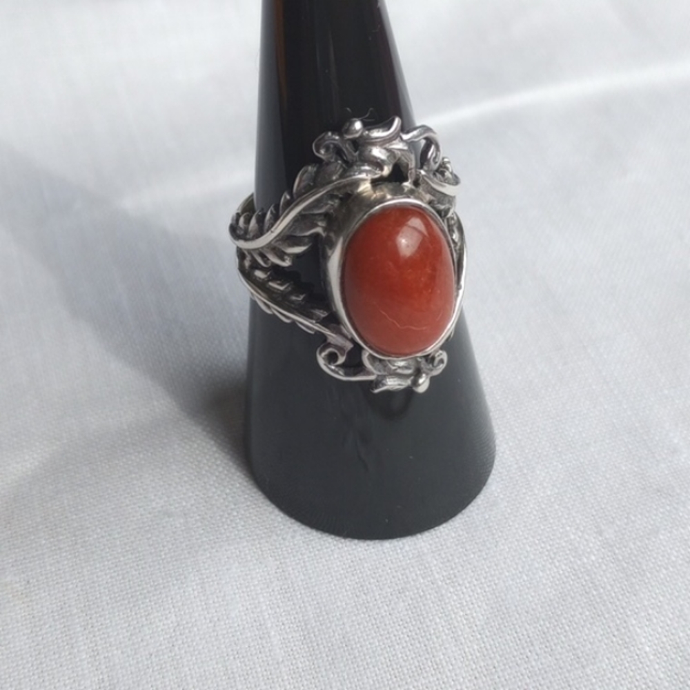 Antiqued Western scroll Sterling silver faux red Jasper ring